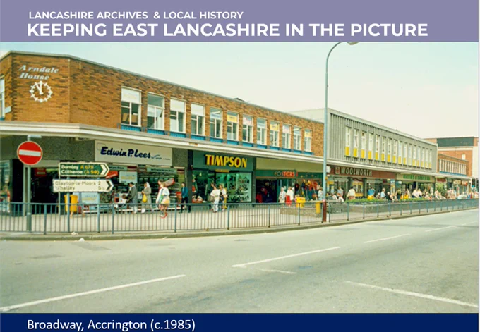 Colour photograph showing the shops in Broadway in 1985