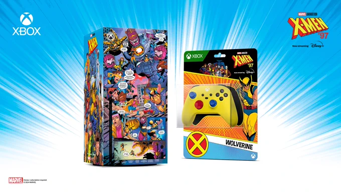 A custom X-Men 97 comic-themed Xbox Series X and packaged Wolverine-themed Xbox controller beside each other on a blue and white background with speed lines. There is an Xbox logo in the top-left corner and an X-Men 97 logo in the top-right. There is a small Marvel logo located in the bottom-left corner.