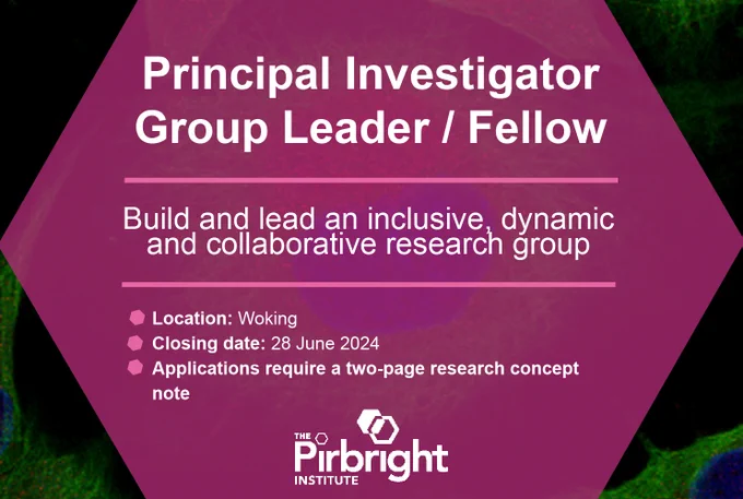 Darkened back ground with a large pink hexagon containing white text that reads "principal investigator - group leader / fellow; build and lead an inclusive, dynamic and collaborative research group; location Woking; closing date 28 June 2024; applications require a two-page research concept note." In the bottom is the white Pirbright Institute logo.