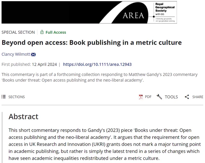 Title and abstract for 'Beyond open access: Book publishing in a metric culture' by
Clancy Wilmott in Area.