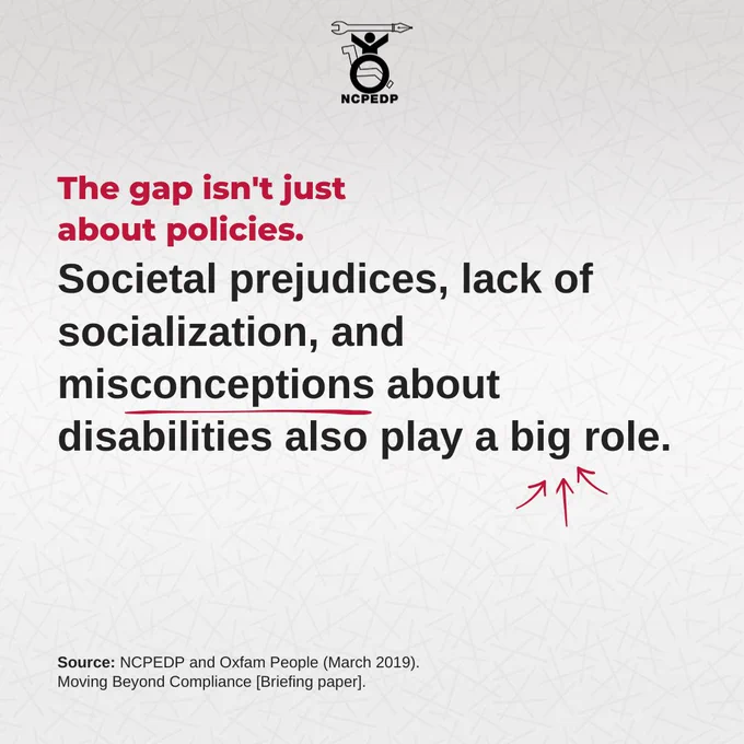 Slide 4: An acknowledgment that the employment gap isn't solely due to policies, but also influenced by societal prejudices, lack of socialization, and misconceptions about disabilities.