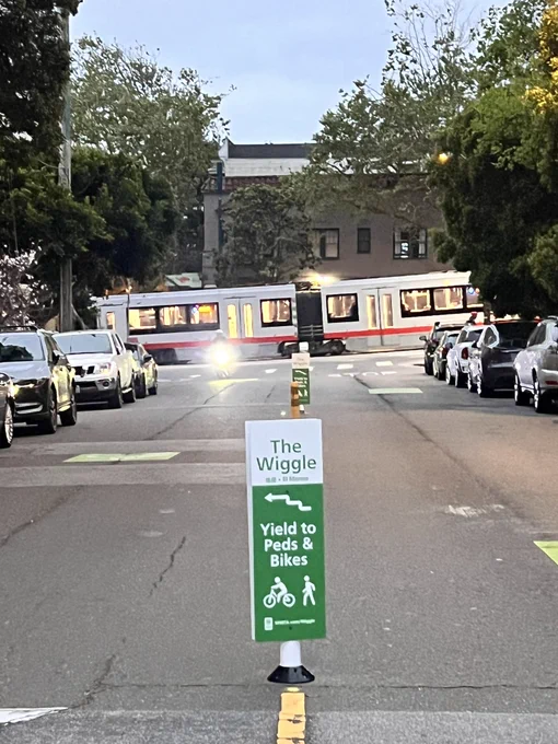 A sign in the median saying “The Wiggle Yield to Peds & Bikes” with a Muni train in the background