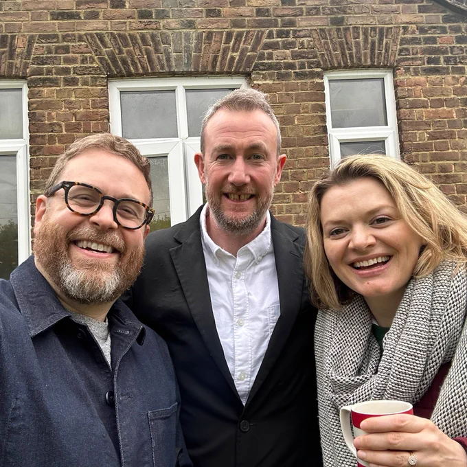 Sam and Elaine visiting Alex Horne on the set of Taskmaster.