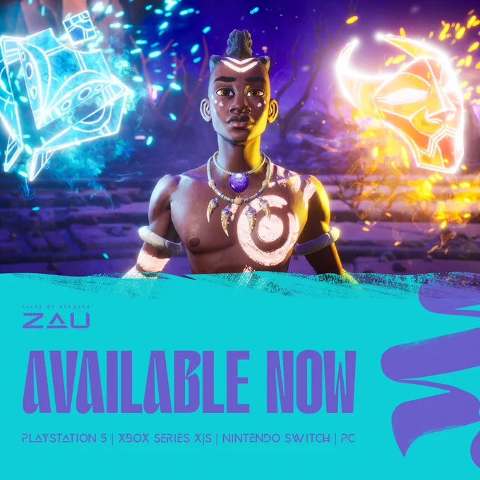 A screenshot from Tales of Kenzera: ZAU depicting Zau and a florescent blue Moon Mask on his left and a florescent orange Sun Mask on his right. Text reads: Tales of Kenzera: ZAU. Available Now. Playstation 5 | Xbox Series X|S | Nintendo Switch | PC