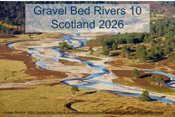 A photo of the River Feshie, a braided gravel bed river, with the text: Gravel Bed Rivers 10, Scotland 2026.