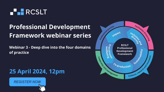 The RCSLT logo appears in white and light blue on a dark blue background at the top left. At the bottom left the words 'Register now' appear on a light blue background. A disc with points appears on the right in light blue, mid blue, dark blue, pink and green.