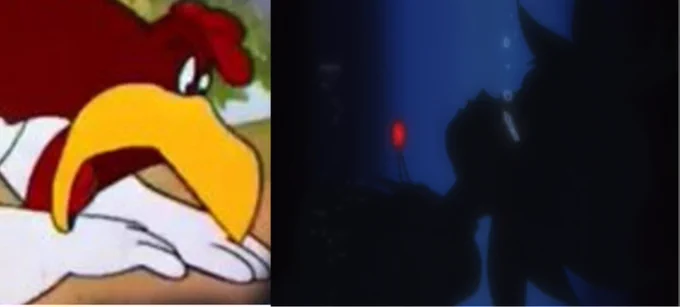 Foghorn Leghorn on the ground yelling at a falling Duck from Princess Tutu.