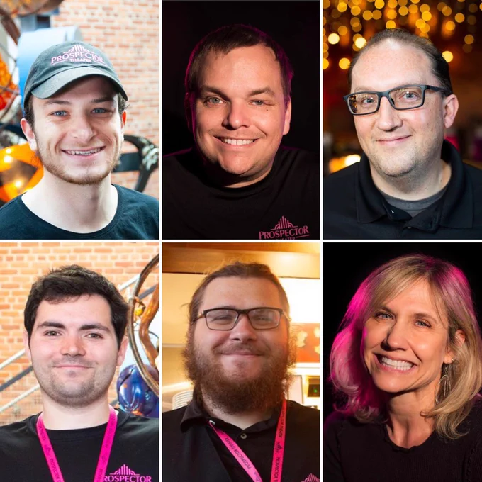 Photo caption: A photo collage shows six Prospects smiling at the camera while working throughout the Theater.