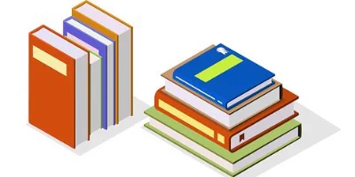 On the left, a variety of books in different colors and sizes are lined up as if on a bookshelf. On the right, books of different colors and sizes are stacked up as if on a desk.