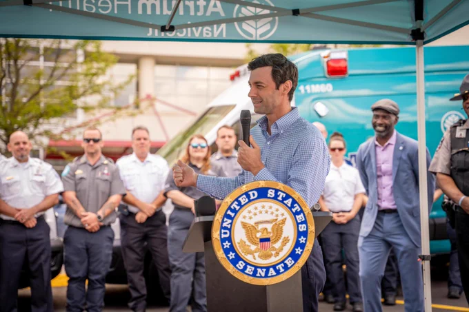 Sen. Ossoff speaks during a press conference at Atrium Health Navicent in Macon.
