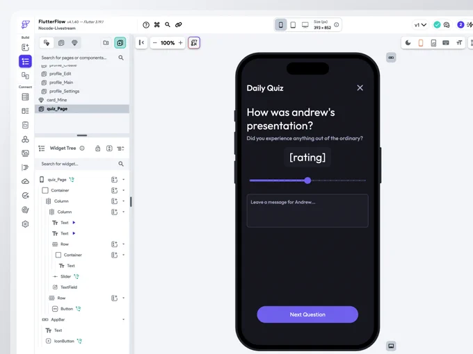 A quiz app with authentication built within FlutterFlow in 40 mins of live building.