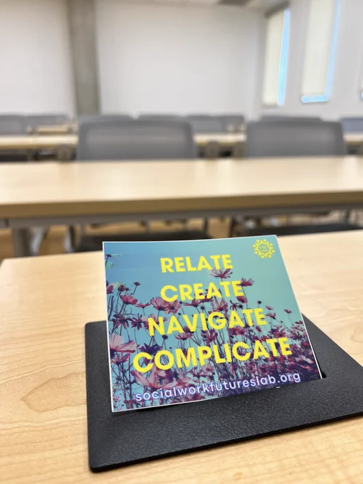 Image of a sticker in a classroom. The sticker says Relate, Create, Navigate, Complicate.