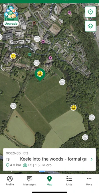 Screenshot from geocaching app showing a Geocache called Keele into the Woods as found with a smiley face