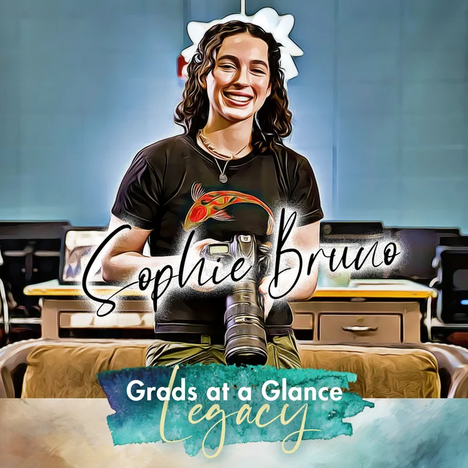 A portrait of Rocky Mountain High School senior Sophie Bruno. She is standing in Rocky's video room. The photo is edited to look like a painted portrait. Her name is in the middle of the photo in cursive, like a signature, and below is a watercolor design as the background for the following text. Text: Grads at a Glance Legacy.