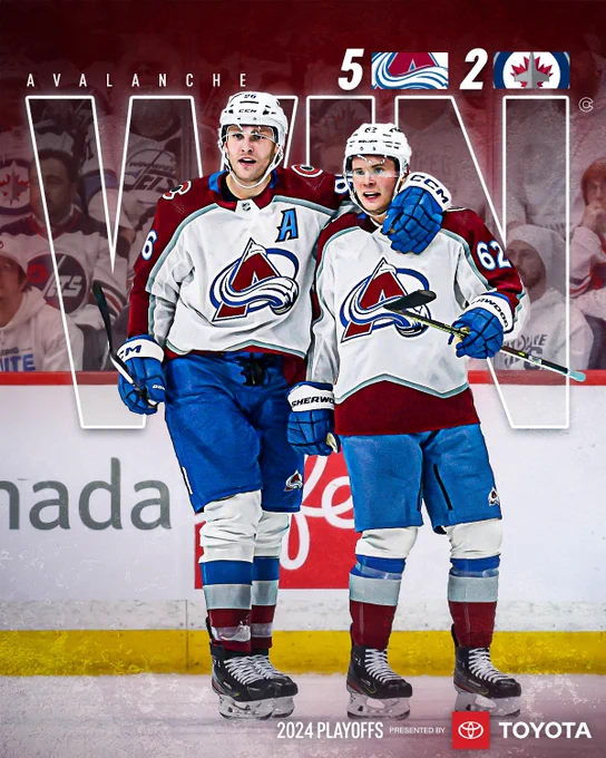 Avalanche win
Colorado Avalanche logo, 5
Winnipeg Jets logo, 2 