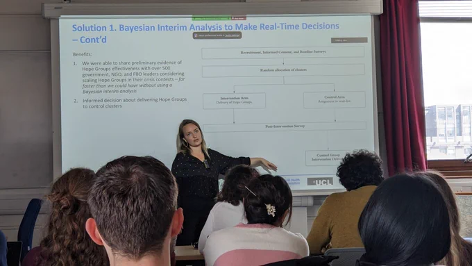 Sydney Tucker stands in front of a powerpoint slide titled, "Solution 1. Bayesian Interim Analysis to Make Real-Time Decisions"
