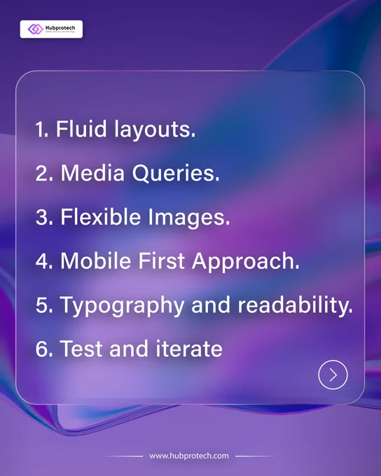 1.  Fluid Layouts.
2. Media Queries.
3. Flexible Images.
4. Mobile First Approach.
5. Typography and readability.
6. Test and iterate.