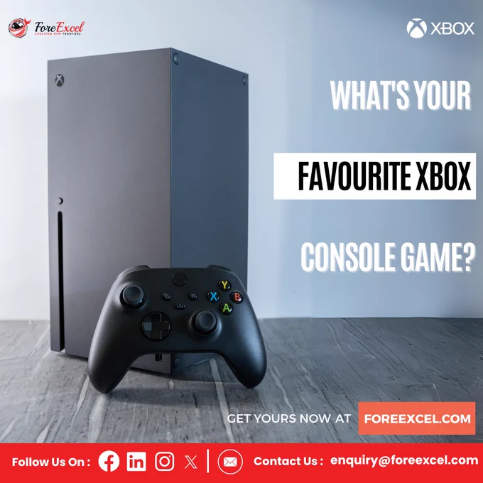 This post is about asking audience to share their favourite Xbox console game in the Comment below. The picture contains Xbox series X with controller.