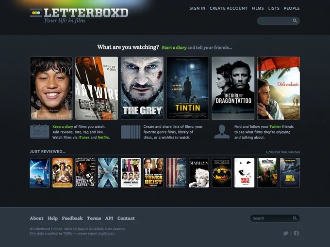 A screenshot of the homepage for the website Letterboxd from early 2012. The logo on the top left hand corner says "LETTERBOXD Your Life in Film". There are poster thumbnails at the center of the page featuring various movies; on top of that there's a line says "What are you watching? Start a diary and tell your friends..." There's some other text below describing what you can do on the website, and smaller thumbnails at the bottom of the page. The background of the homepage is a dark grey colour which makes the colour of the posters pop  