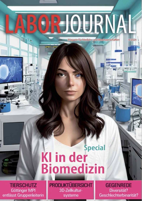Titelblatt der aktuellen Laborjournal-Ausgabe mit Titelbild einer sehr weiblich gestalteten humanoiden Künstlichen Intelligenz im Labor und Titelzeile "Special: KI in der Biomedizin".