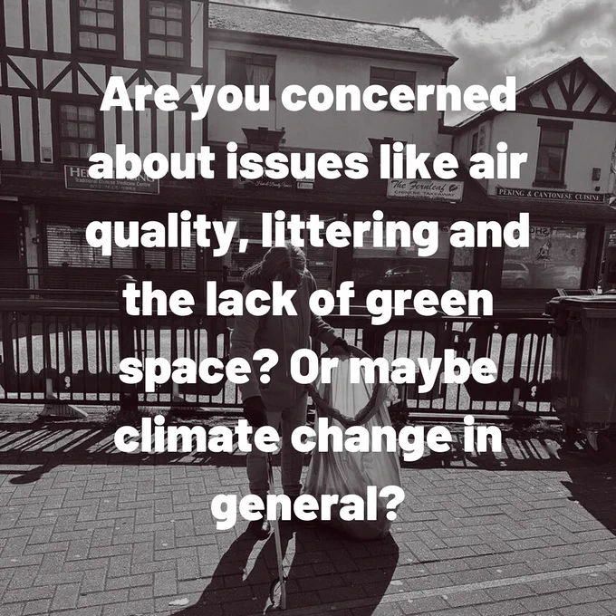 A black and white photo of a female litter picker in Ball Hill with a road and shops behind her. The question in bold white letters asks if you are concerned about environmental issues in the area.
