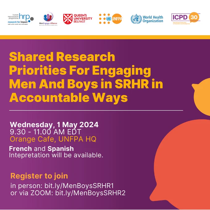 In partnership with @UNFPA, @WHO, and @QUBelfast, we are excited to share the publication of understanding masculinities, equality, and SRHR; 
▶️ Access the article here: https://bit.ly/MenSRHR 
 #ICPD30 #SRHR #Men&SRHR
