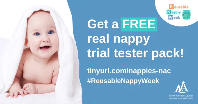 Graphic with an image of a baby with the text Get a FREE real nappy trial tester pack!

tinyurl.com/nappies-nac
#ReusableNappyWeek