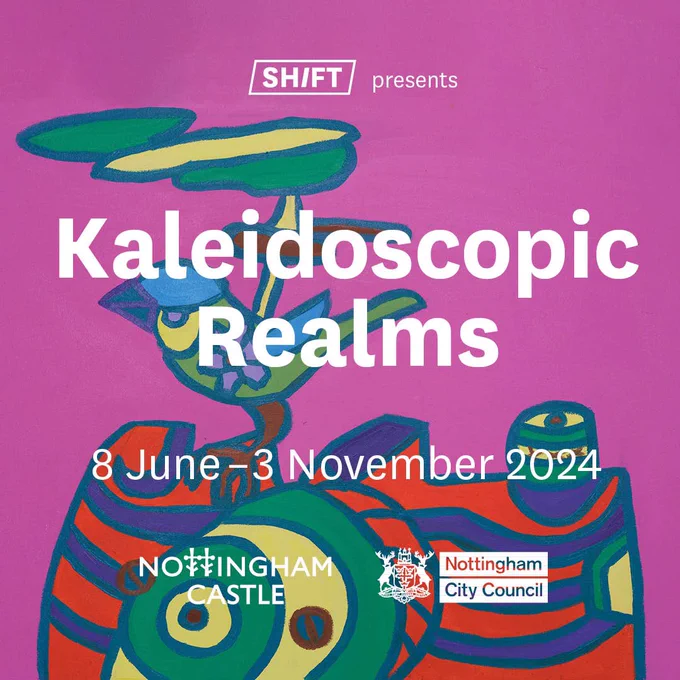 White text across the centre saying ‘kaleidoscopic realms 3 June - 3 November 2024’ and two white logos underneath. The background is mainly a deep pink with a painted bright coloured camera towards the bottom partly cropped off and a blue and yellow bird sat to the top left of it.