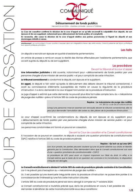 Communiqué à lire sur https://www.courdecassation.fr/toutes-les-actualites/2024/04/24/communique-detournement-de-fonds-publics