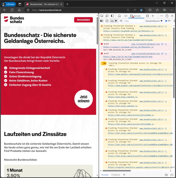 Screenshot von bundesschatz at, es werden Cookies & Content von Adobe, Google, Microsoft & Meta (Facebook) geladen. #Privacy #Security