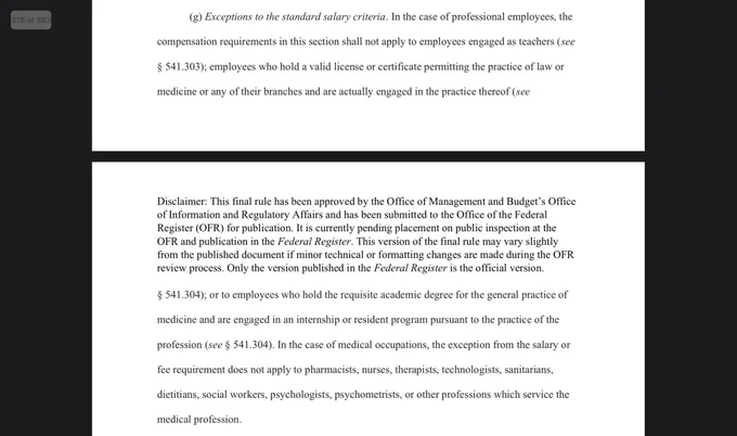 Screenshot of page 378 of 383 of the Department of Labor final rule, which notes that exceptions to the standard salary criteria will apply to medical residents.