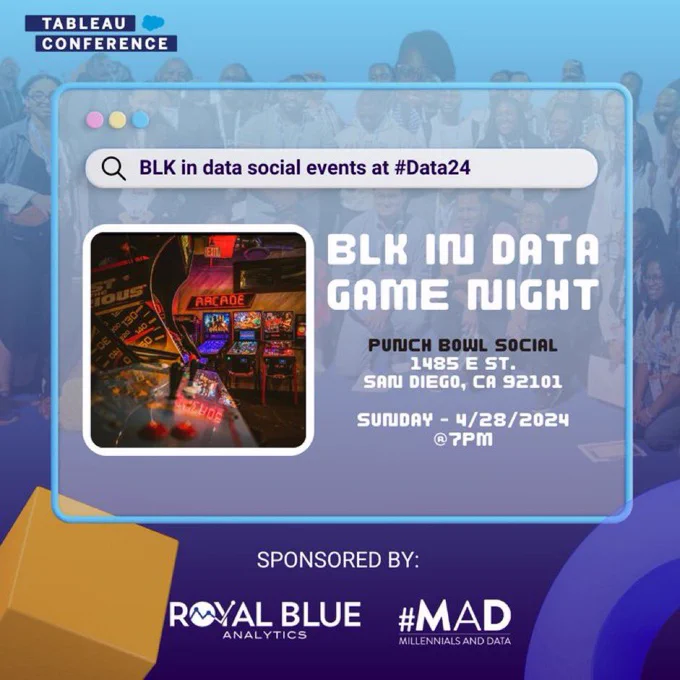 BLK in data social events at #Data24 arcade image and whit text sponsored by royal blue analytics and #MAD