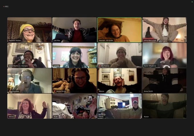 A Zoom screenshot of the Kind Futures collective on one of their weekly calls.