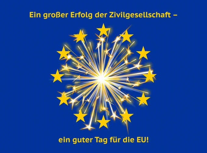 Grafik mit blauem Hintergrund, angelehnt an die EU-Flagge. Die Sterne kreisen ein goldenes Feuerwerk ein. 