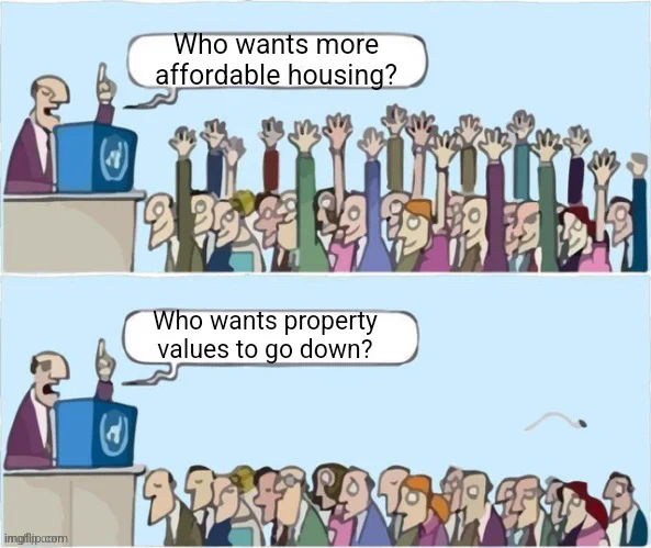 People raising hand meme: Who wants more affordable housing?

People putting their hands down:Who wants their property values to go down?