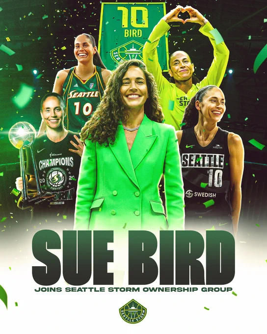 Sue Bird joins Seattle Storm ownership group graphic featuring a collage of images of Sue with her No. 10 banner at the top