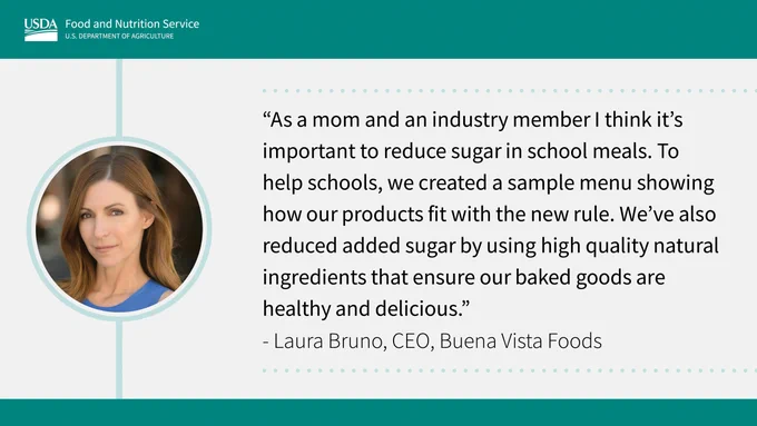 Graphic tile with writing: "As a mom and an industry member I thinks it's important to reduce sugar in school meals. To helps schools, we created a sample menu showing how our products fit with the new rule. We've also reduced added sugar by using high quality natural ingredients that ensure our baked goods are healthy and delicious."
-Laura Bruno, CEO, Buena Vista Foods 