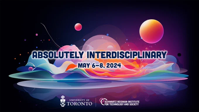 Computer generated illustration of a landscape with mountains and waves in bright neon colours set against a dark background with spheres in the sky. Text on top of the image names the conference and dates.