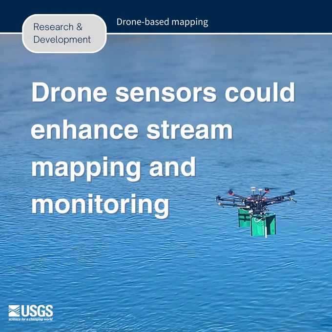 Image of drone flying over water. On top of the image is white line and dark blue space with text that reads “Drone-based mapping”. On the top left is a grey oval outlined in white with text that reads “Research & Development”.  Text semi-centered over the image reads “Drone sensors could enhance stream mapping and monitoring”. The USGS logo is on the bottom right of the image.