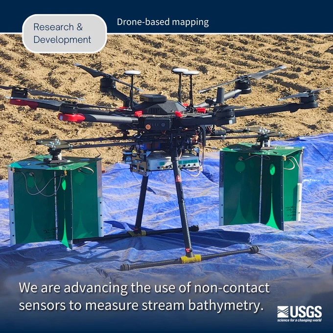 Image of drone grounded on a blue tarp in an area of dirt. On top of the image is white line and dark blue space with text that reads “Drone-based mapping”. On the top left is a grey oval outlined in white with text that reads “Research & Development”. On the bottom left of the image is text that reads “We are advancing the use of non-contact sensors to measure stream bathymetry.” The USGS logo is on the bottom right of the image.