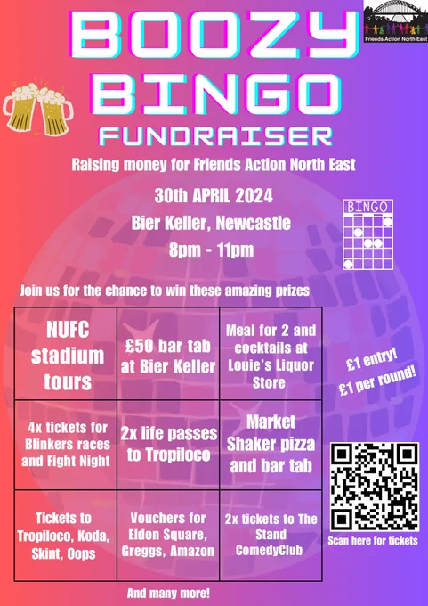 A poster that says ‘Boozy Bingo Fundraiser.’ It’s being held at Bier Keller in Newcastle on the 30th of April,
8am - 11pm.