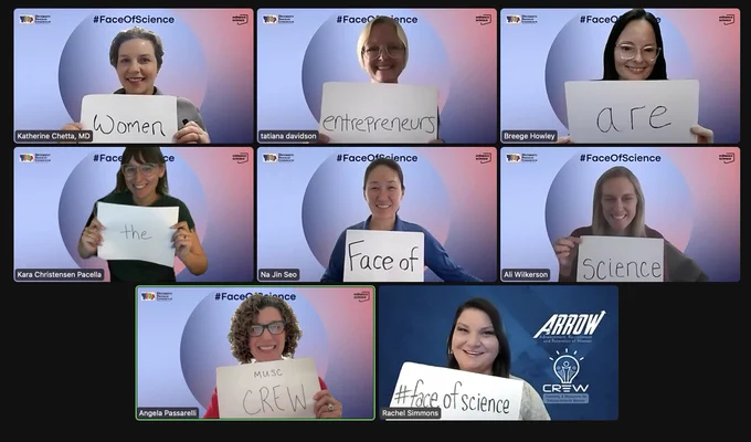 Zoom screenshot featuring members of MUSC's CREW program. Starting at the top row, left to right: Katherine Chetta, MD; Tatiana Davidson, PhD; Breege Howley, PhD; Kara Christensen Pacella, PhD; Na Jin Seo, PhD; Ali Wilkerson, PhD; Angela Passarelli, PhD; and Rachel Simmons.