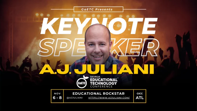 A.J. Juliani, the Wall Street Journal & USA Today Bestselling author of Adaptable, is set to captivate audiences as the Keynote Speaker at #GaETC24! He has dedicated his career to transforming education through innovative practices. Join us to learn more from this #EduRockstar!