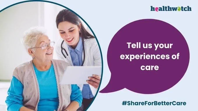 ‘Share your experiences of care. #ShareForBetterCare Healthwatch logo’ A Doctor talks to a patient. 