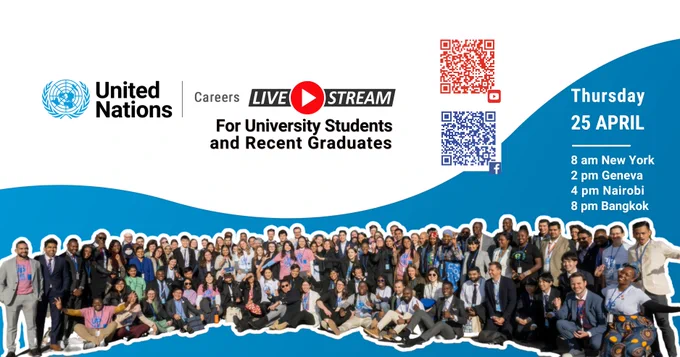 The United Nations Secretariat is having a Careers Livestream for college students, university students and recent graduates. Tune in on our Facebook or Youtube Thursday 25 April at 8 am New York time / 2 pm Geneva time / 4 pm Nairobi time / 8 pm Bangkok time. Click the link in our tweet to watch live! 