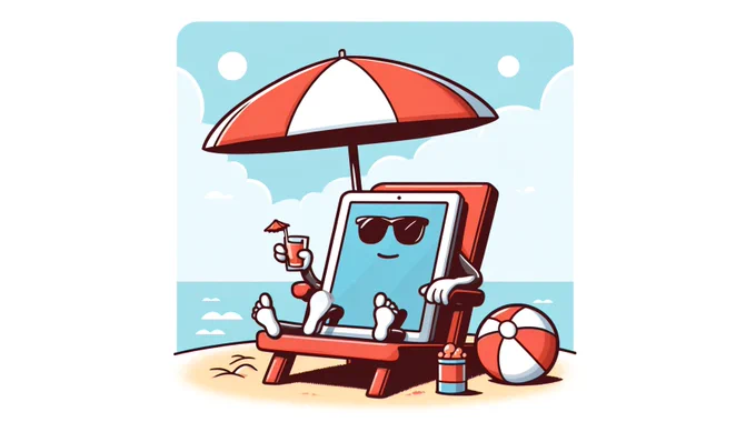 This clip-art illustrations depict a whimsical and personified version of custom-designed software humorously lounging on a beach chair under an umbrella, complete with sunglasses. This light-hearted scene captures the software's ability to keep things running smoothly even while symbolically on vacation at the beach.