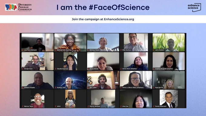 A group of people smiling on a Zoom meeting. The text reads "I am the #FaceOfScience. Join the campaign at EnhanceScience.org."