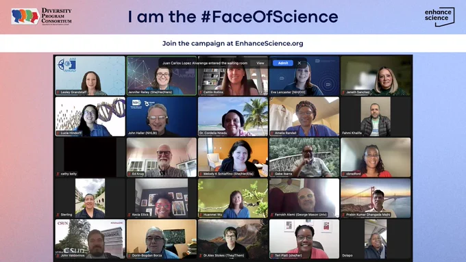 A group of people smiling on a Zoom meeting. The text reads "I am the #FaceOfScience. Join the campaign at EnhanceScience.org."