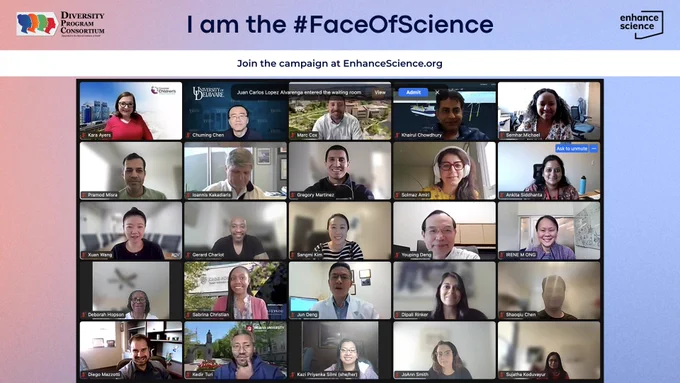 A group of people smiling on a Zoom meeting. The text reads "I am the #FaceOfScience. Join the campaign at EnhanceScience.org."