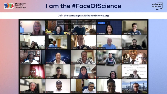 A group of people smiling on a Zoom meeting. The text reads "I am the #FaceOfScience. Join the campaign at EnhanceScience.org."